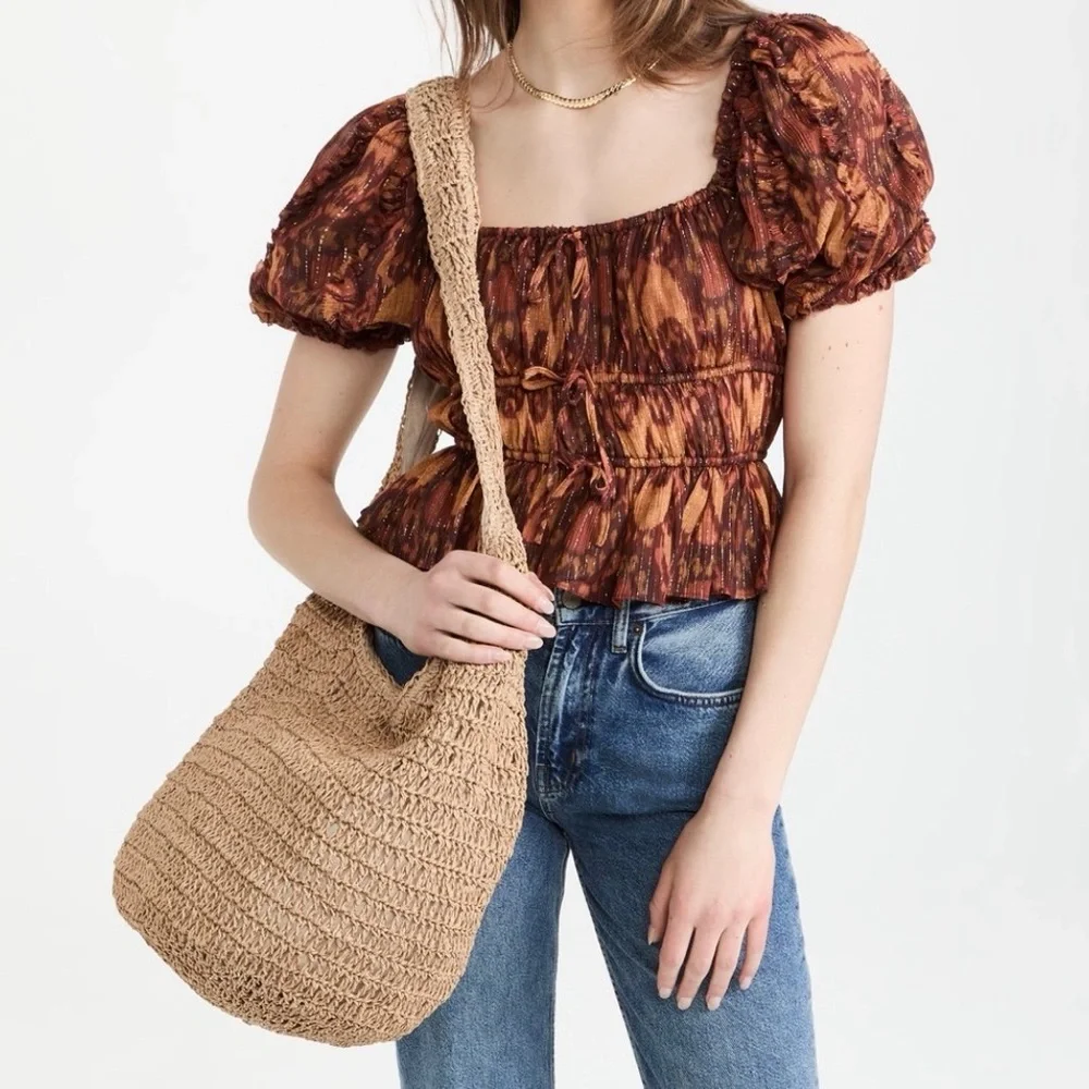 NWT Ulla Johnson Medha Top in Ember Peplum Puff Sleeves Ruffle Metallic